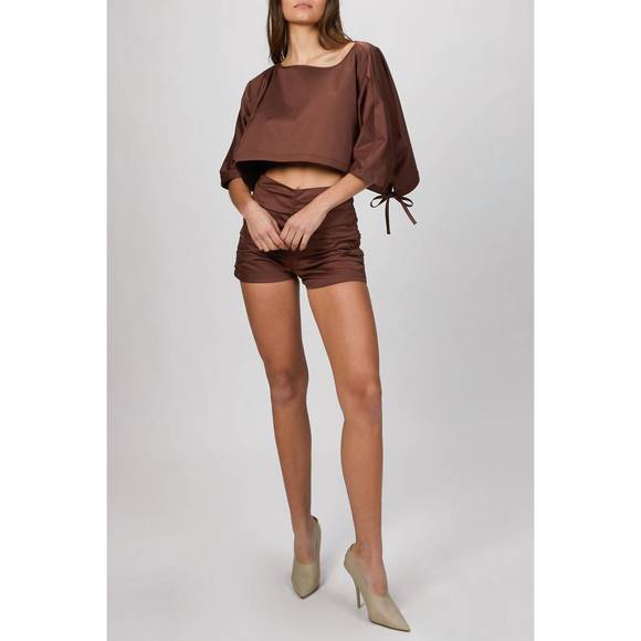 NEW ZEYNEP ARCAY ruched mini shorts in brown - Picture 1 of 6
